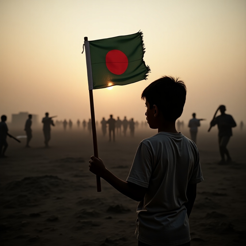 A boy holds the flag of Bangladesh at dusk. The scene is a battlefield in the background. The boy gazes into the distance, oblivious to the chaos around him.