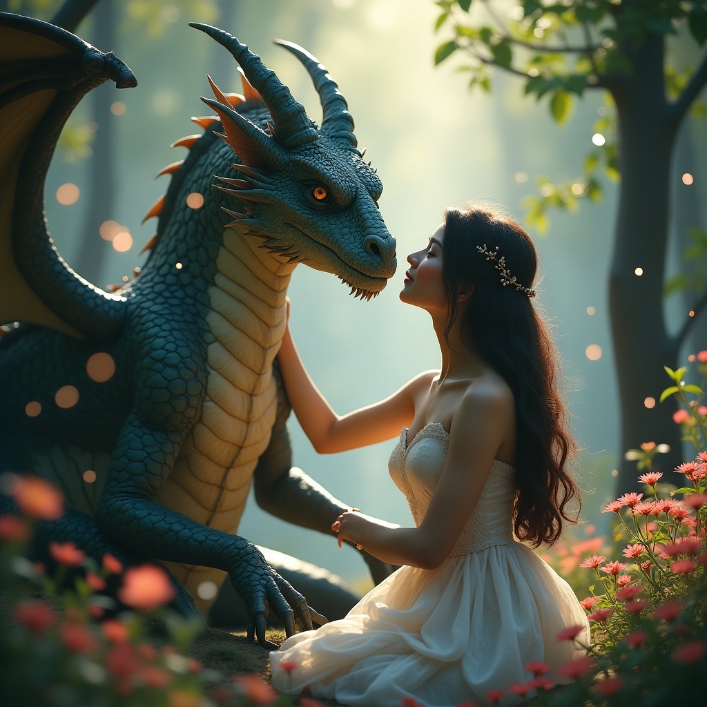 A serene scene unfolds in a mystical forest, filled with soft, ethereal light. A young lady in a delicate, white dress gazes lovingly at a magnificent dragon. The dragon, with intricate scales and captivating eyes, responds to her gentle touch. Surrounding them are vibrant flowers and lush greenery, enhancing the enchanting atmosphere. This romantic moment captures the bond between fantasy creatures and humans, creating a perfect illustration of magic and romance.