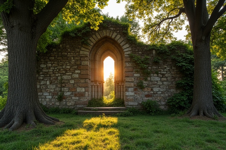 Ruined wall stands with large box trees on each side. Thick foliage creates a canopy above the ruins. Wall is covered in vines and moss with a few stones missing. Romanesque double-arched window is present but lacks glass. Scene is set during the evening in late summer with golden sunlight filtering through. Ground vegetation is sparse with scattered beams of sunlight. 