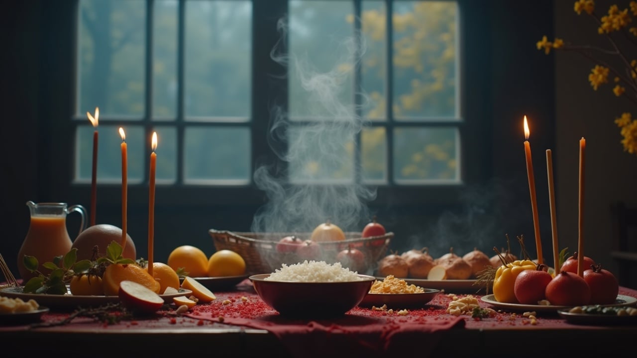 The image depicts a solemn scene dedicated to ancestor worship at the onset of winter. In the center, a beautifully arranged table features a variety of offerings: fruits, cakes, and a bowl of steaming rice, all symbolizing respect and gratitude. Three incense sticks are prominently displayed, with smoke softly rising amidst the warm candlelight. The background hints at winter's arrival, with withered leaves and a pale sky. The prevailing dark tones enrich the scene, encapsulating the unique solemnity associated with such rituals, showcasing intricate details and movie-style color grading.