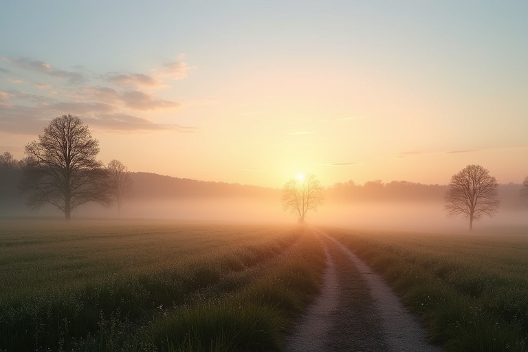 A serene sunrise landscape featuring a misty field and a winding dirt road leading towards the horizon. Silhouetted trees flanking the scene create a peaceful and tranquil atmosphere. The sky is lit with soft pinks and oranges as daybreak occurs.