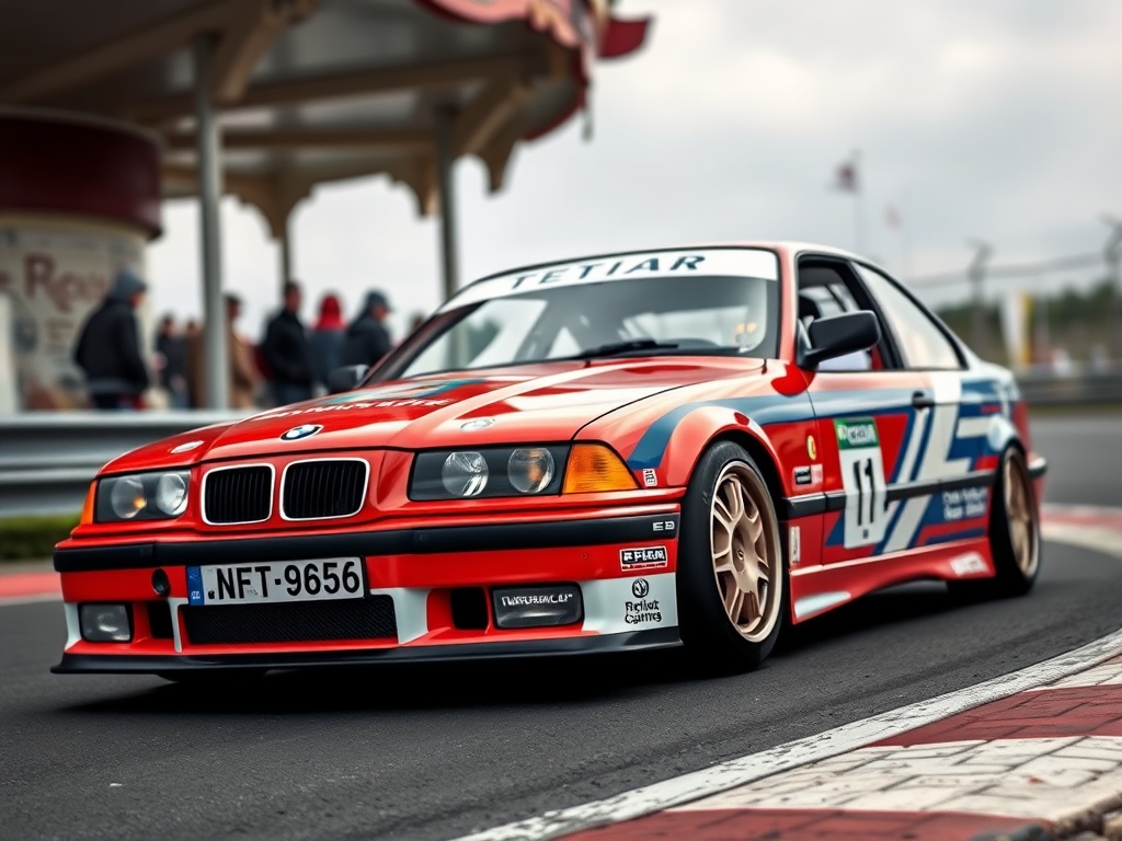 The image depicts a classic race car, adorned with vibrant red, white, and blue racing stripes, speeding around a racetrack. The background features a blurred view, indicating motion and focusing attention on the car. The atmosphere is lively with spectators faintly visible, enhancing the racing theme.