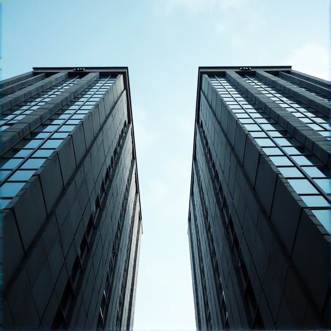 The image features two tall, mirrored skyscrapers with glass facades, set against a clear blue sky, creating a symmetrical and geometric composition.