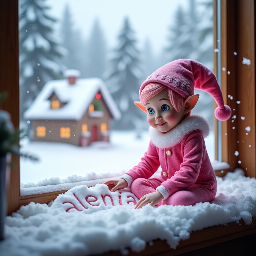 A pink girl elf sits on a windowsill. Snow covers the sill. She writes 'alenia' in snow. The window frames a winter scene outside. A charming house is in the background. Snowflakes fall gently. The elf has a playful expression. Pink outfit adds warmth to the holiday season.