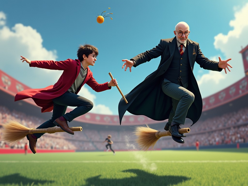 Two individuals on broomsticks are seen soaring through a stadium, engaged in a lighthearted competition. The setting evokes a sense of magic and wonder, with one person in a bright red robe and another in a formal suit and cape, both appearing exhilarated by the flight. The vibrant green field and the spectators in the background add to the dynamic atmosphere of the scene.