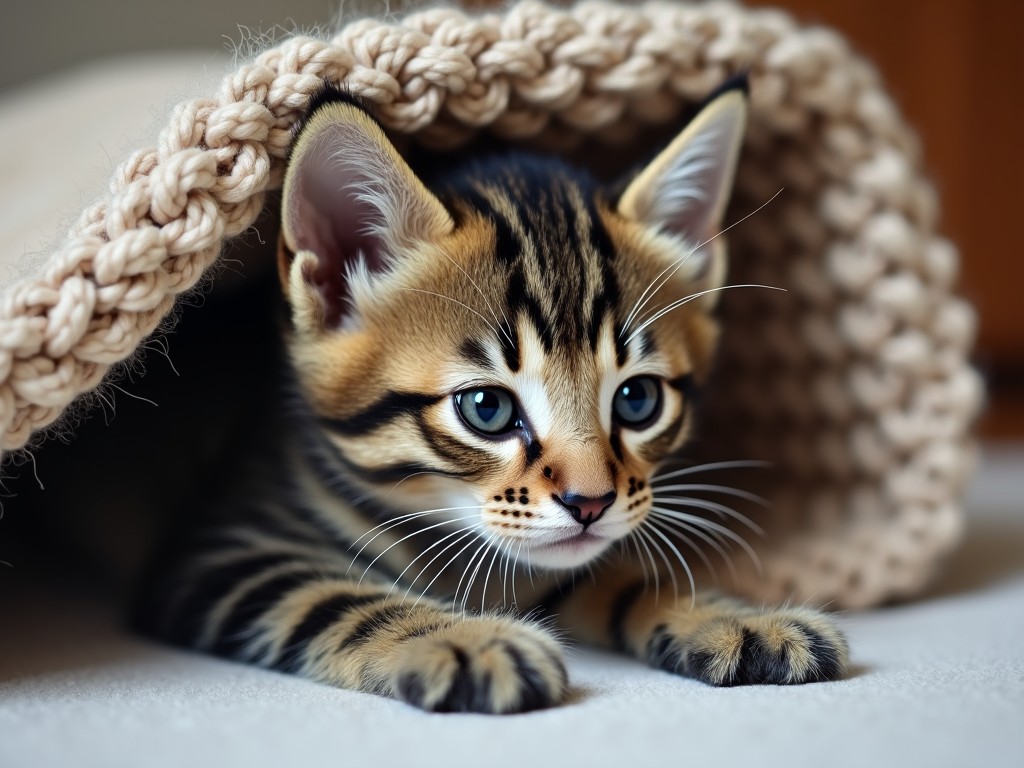 A cute kitten with striking markings peeking out from under a warm, knitted blanket, with a focused gaze.