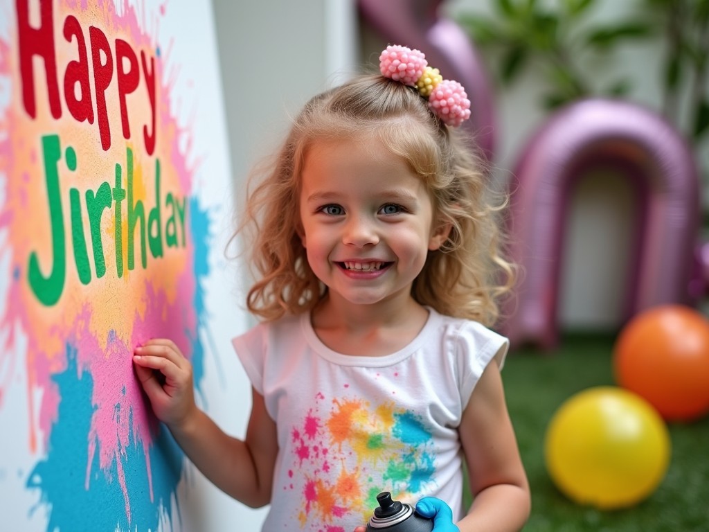 The image captures a joyful scene of a young girl at a birthday party. She is smiling widely as she sprays colorful paint on a sign that reads 'Happy Birthday.' The background features vibrant decorations and balloons, enhancing the festive atmosphere. The girl's playful expression reflects the excitement of the celebration. Her colorful outfit and hair accessories add to the cheerful vibe of the scene. This moment is perfect for highlighting a youthful and creative approach to celebrating special occasions.