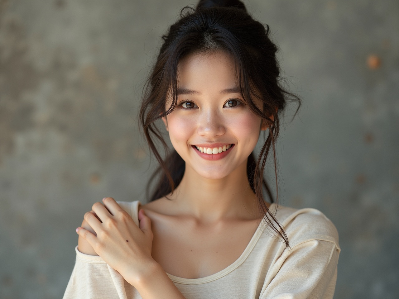 The image features a young woman with a warm smile, captured in a vibrant and inviting atmosphere. She has long, flowing hair that frames her face, giving her a soft and approachable appearance. The background is a textured gray that contrasts nicely with her light, casual attire. Her smile radiates warmth and positivity, inviting viewers to engage with her. This image embodies beauty and confidence, perfect for editorial use or fashion-related content.