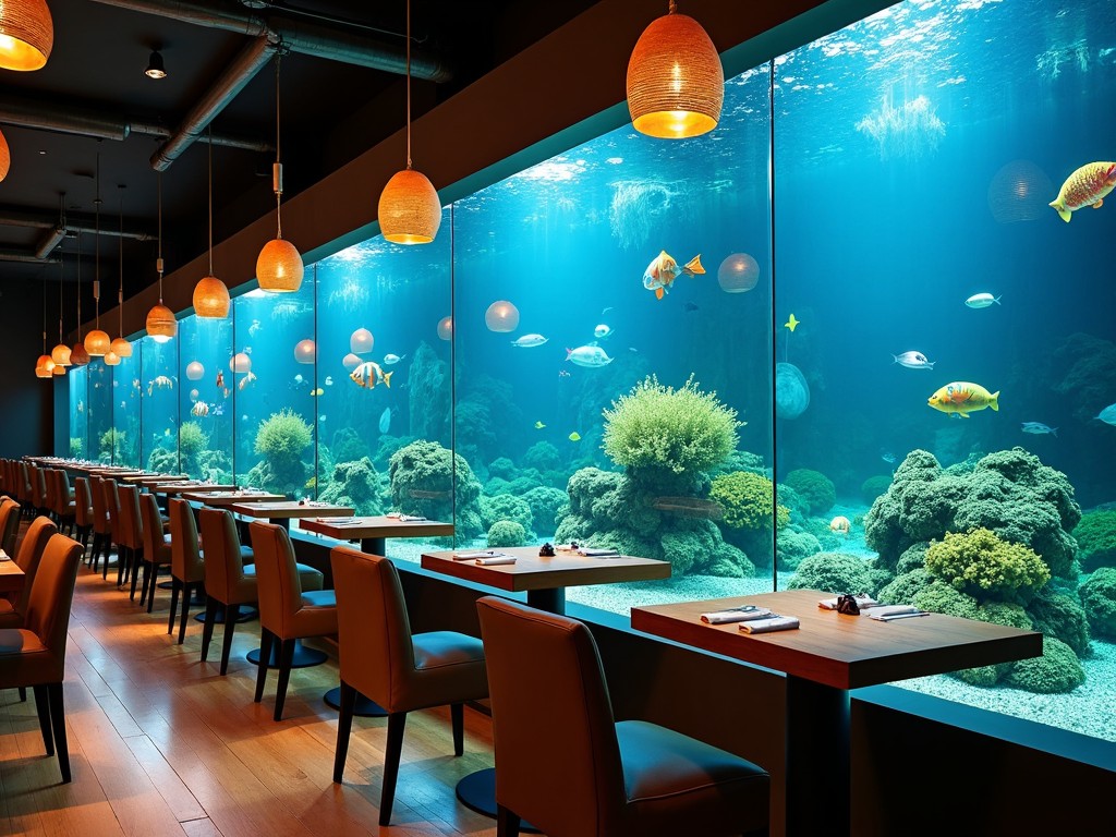 a luxurious underwater-themed restaurant with large aquarium walls, elegant seating, and ambient lighting.