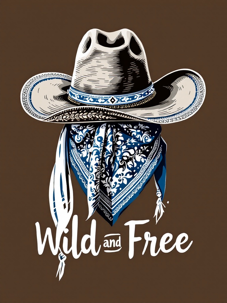 Stylized cowgirl hat with an intricately designed bandana. Neutral colors highlighted with navy blue and white. Bold modern font displaying the text 'Wild and Free'.