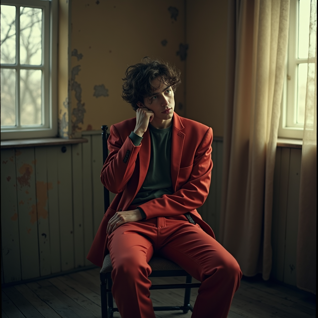 A person in a red suit sits thoughtfully in a dimly lit room with peeling wallpaper.