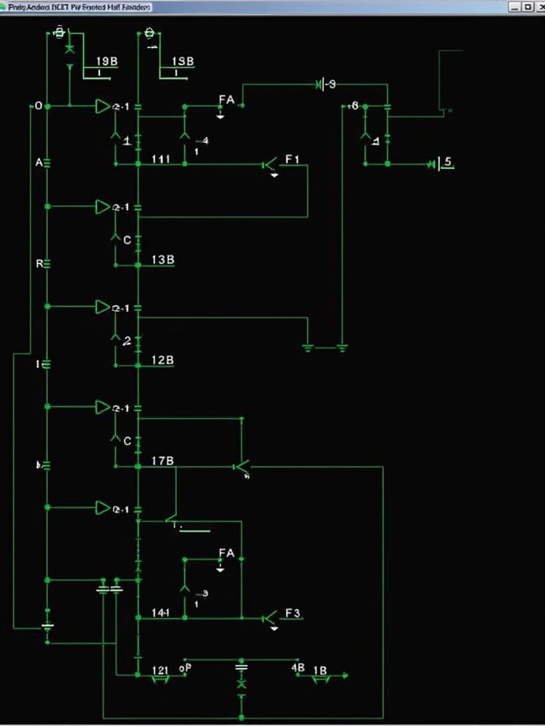 Create a circuit using XOR and AND gates. Implement half adder and full adder design in Multisim. Digital representation with interconnected logic gates.