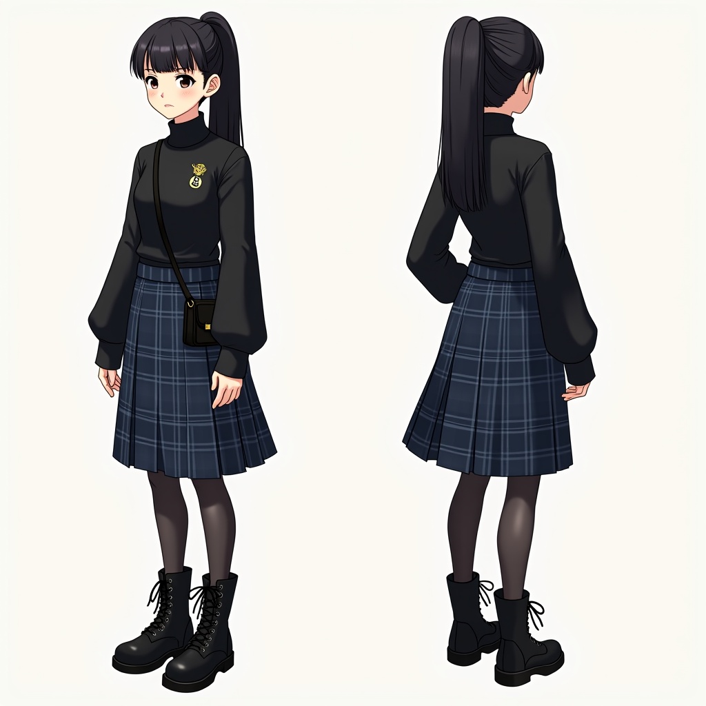 Turnaround view of a girl character. Character wears a black turtleneck and dark blue kilt with tartan design. She has black combat boots and black tights. Long black hair styled in a ponytail with bangs. Carries a small black shoulder bag. Include front, side, and back views for detailing.