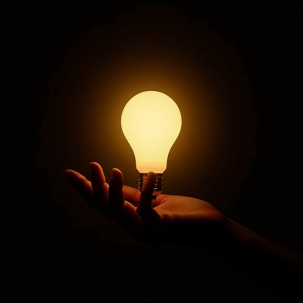 A hand holds a light bulb. The bulb glows warmly. The background is dark. The light casts a warm glow.