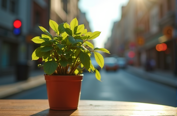 A potted plant basking in the sunlight on a city street.