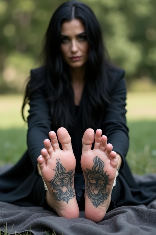 Image showcases a mature goth woman with long black hair displaying her tattooed soles. She is sitting on a blanket outdoors in a natural setting.