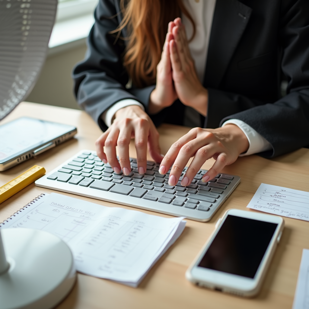 A person in a suit types on a keyboard with various office items around them.