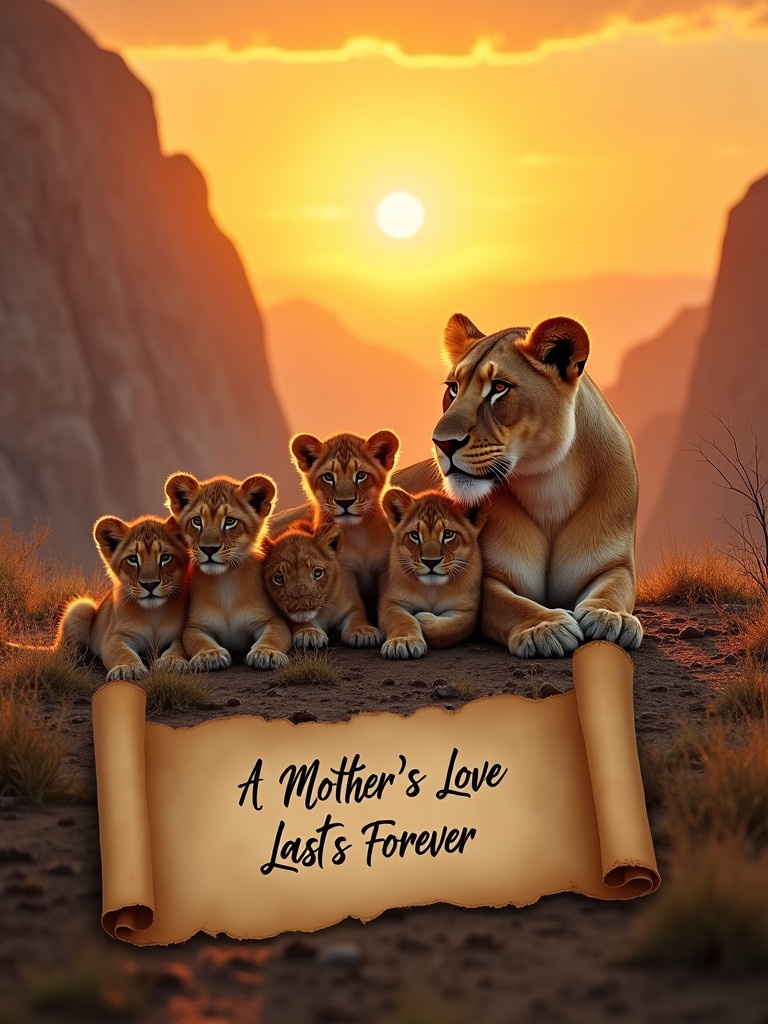 A sunset scene features a lioness with her five cubs. Lions are together showcasing a family bond with towering mountains behind them. The sun casts golden hues over the landscape. A scroll in the foreground has the message 'A MOTHER'S LOVE LASTS FOREVER.' The scene depicts love and unity in nature.