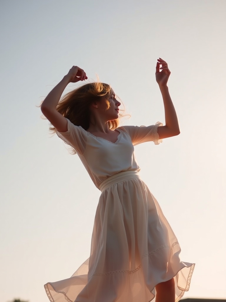 A woman in a flowing white dress dances gracefully against a bright, sunlit sky.