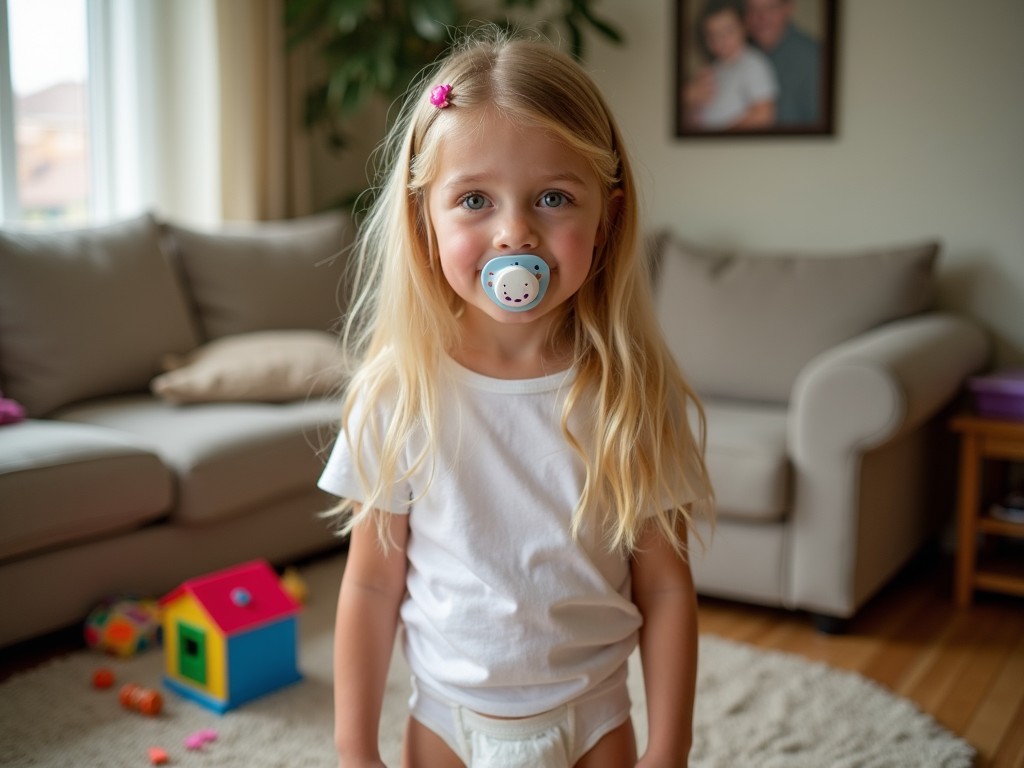 Blonde toddler girl with pacifier standing in a living room with toys scattered around, soft natural light