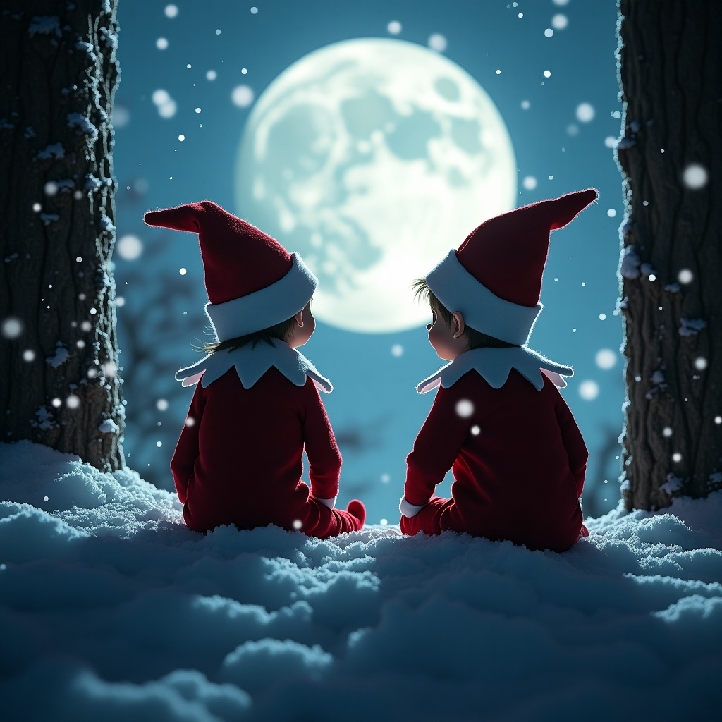 Two elves sit together in the snow, gazing at the full moon. Scene set in a dreamy North Pole atmosphere.