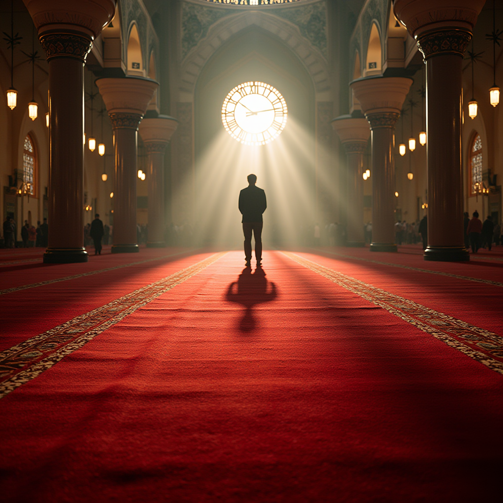 A lone figure stands silhouetted inside a grand, sunlit mosque with rays streaming through an ornate clock window, illuminating the red carpeted floor.