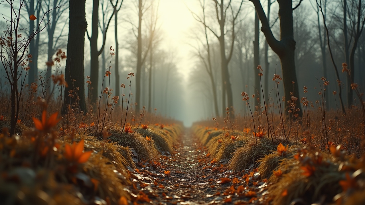 The image depicts a serene autumn scene within a forest. A winding pathway is surrounded by withered grass and trees, capturing the essence of nature's transition into dormancy. Sunlight filters through the trees, creating a soft, ethereal glow that enhances the mood. The foreground features fallen leaves and earthy tones, indicating the seasonal changes. This tranquil setting evokes feelings of introspection and the cyclical nature of life.