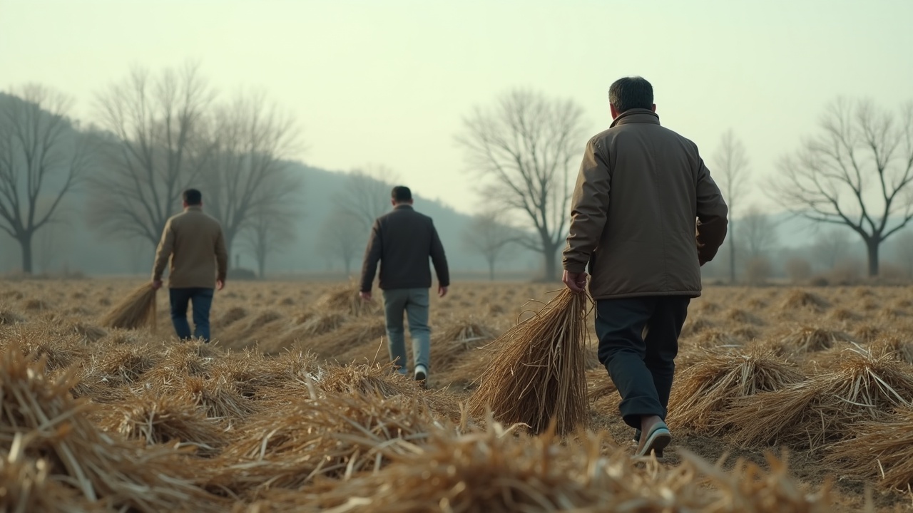 The movie scene shows a traditional farming environment during the early winter months. Farmers are dressed in thick clothing, indicative of the chilly weather, as they engage in the last harvesting activities of the season. The fields carry remnants of the crop, suggesting a frost has recently touched the land. The distant trees are bare, showcasing the seasonal change, and the cool-toned sky adds to the winter ambiance. The entire scene conveys a blend of busy productivity and tranquility, emphasizing the transition into winter and the conclusion of the farming year.