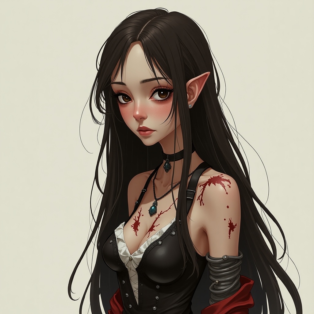 An Arcane-inspired fantasy character. Feature a girl with dark long hair. Depict her with scars and dark circles under her eyes. Design clothing influenced by Zaun style. Maintain a malnourished appearance.