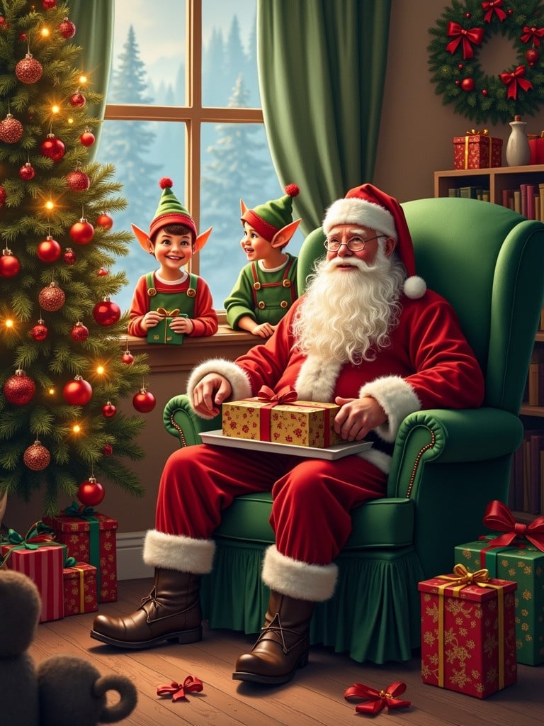 A festive Christmas scene shows Santa Claus in a green chair surrounded by cheerful elves. Elves prepare gifts while enjoying the view outside of a window. A beautifully decorated Christmas tree stands in the background and colorful presents are scattered around.