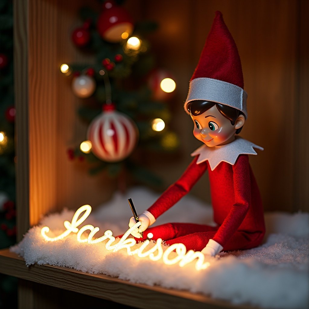 Elf on the shelf writing names in snow with magic lights. Names written in cursive. Soft snow surrounds the elf.