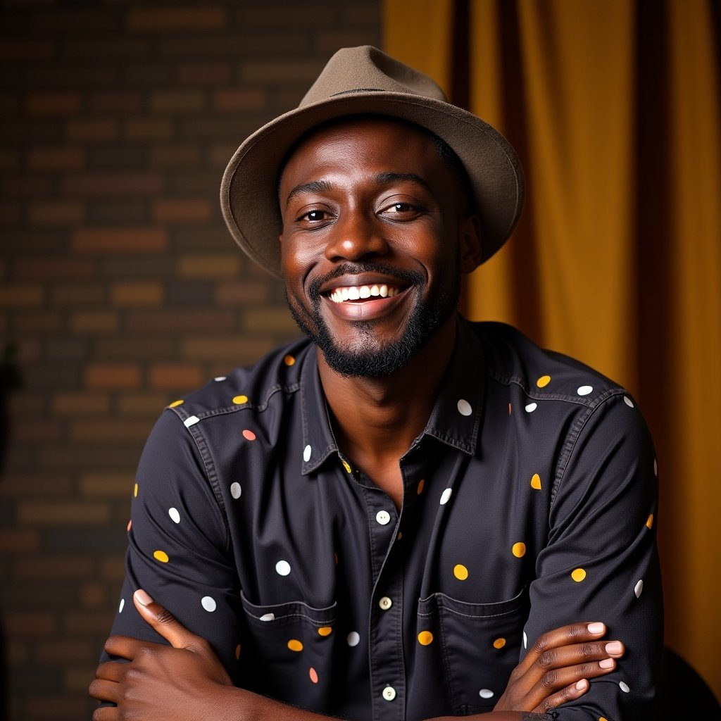 Portrait of a smiling individual in a polka-dotted shirt. Dark hat on the head. Warm backdrop. Natural expression. Eye-level perspective.