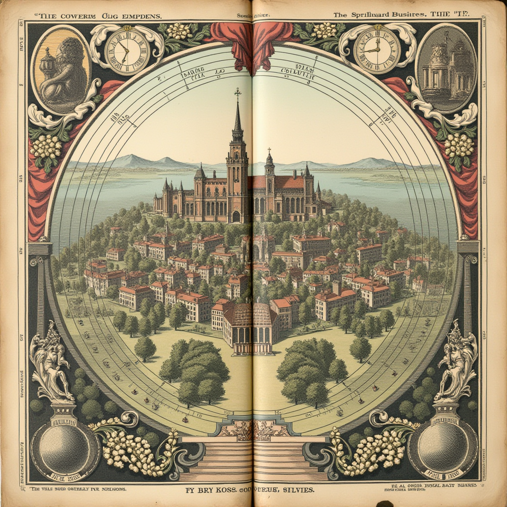 An intricate illustration depicting a grand, gothic castle atop a lush hill, surrounded by a circular ornate border featuring clocks and motifs.