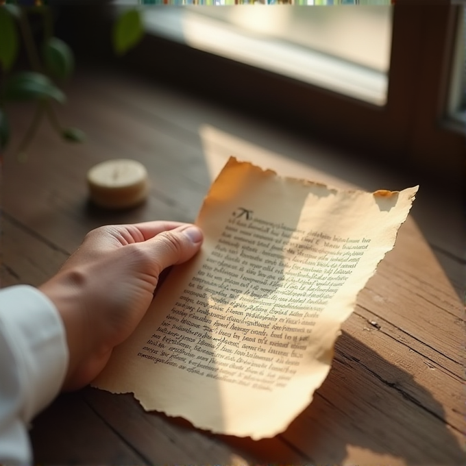 A person holds an old, torn page in the sunlight on a wooden table by the window.