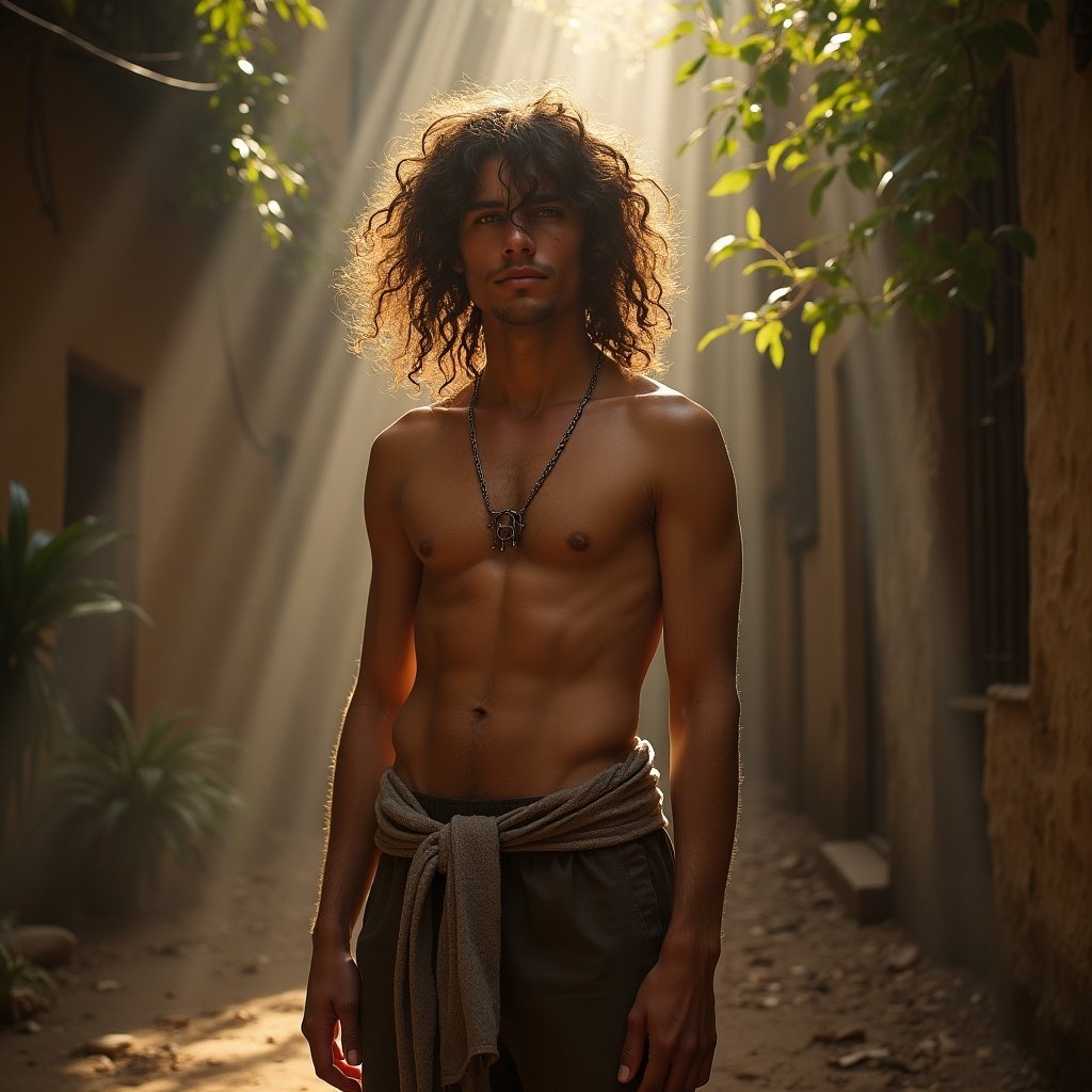 A 16-year-old male figure embodies a god-like presence. He has a toned physique and wears a simple cloth wrap. Natural light beams filter through a canopy of trees, creating an ethereal and inspiring ambiance. The setting conveys a sense of strength and beauty in youth.