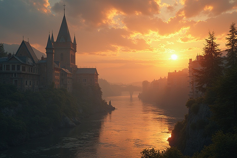 Fantastic view of an antique city landscape with a magical ambiance. Sunset creates a golden glow over the water and buildings. Castle stands out amidst scenic beauty.