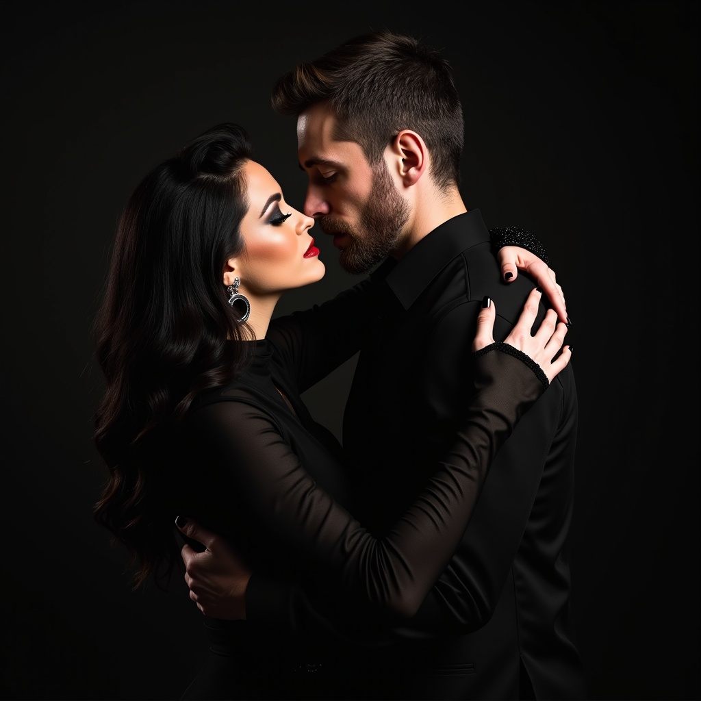 A couple stands close together. They embrace in an almost-kiss moment. The woman has long dark hair. She wears dramatic makeup and a stylish black outfit. The man has short hair and a rugged appearance. They both wear elegant black clothes. The background is dark, emphasizing their connection.