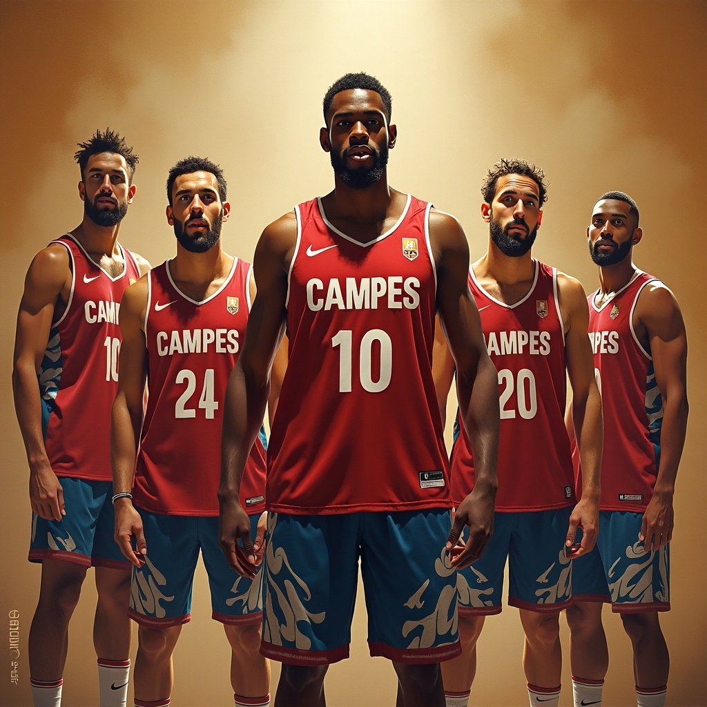 Basketball players pose together in red and blue jerseys. The focus is on teamwork and solidarity. Each player wears a unique number. The background is dramatically lit to accentuate their presence. Their facial expressions convey determination and confidence.