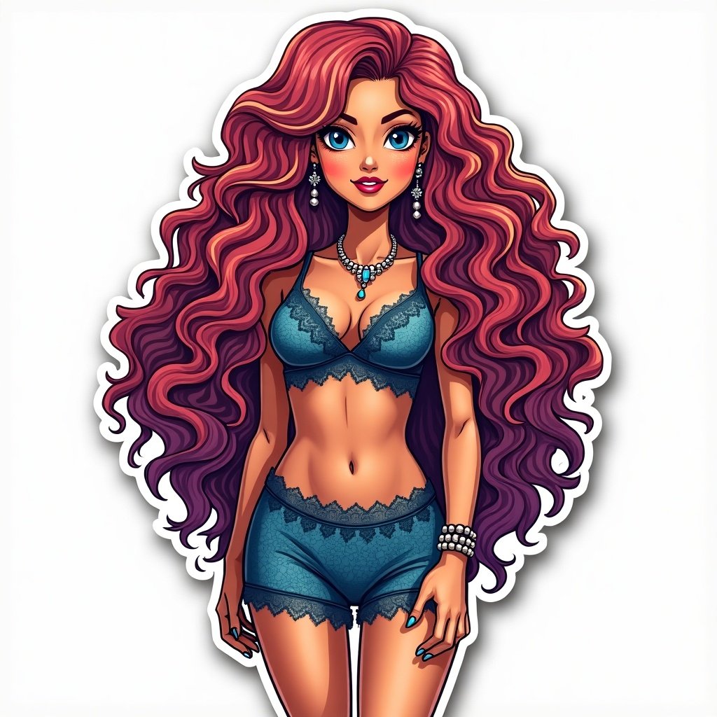 This image features a beautiful woman with long, curly hair styled in a vibrant hue. She is depicted as a sticker with a playful look, wearing a lace short dress that accentuates her figure. The jewelry she wears adds a touch of elegance, enhancing her overall beauty. The illustration is colorful and engaging, making it ideal for various marketing and design applications. Her confident pose and sparkling eyes invite viewers in, making the image captivating.