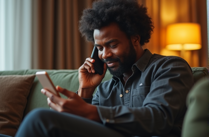 A man with a beard and afro hair, sitting on a sofa, is engaged in a phone call while smiling and holding a tablet.