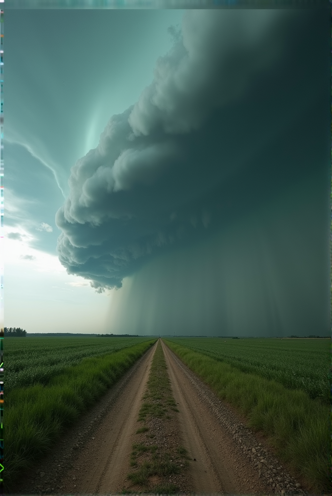 A dirt road runs through green fields under a dramatic, dark storm cloud in the sky.