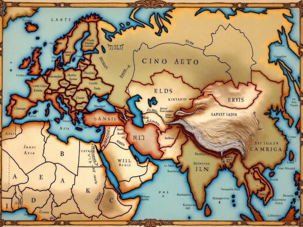 This image depicts a historical map of Central Asia circa 1720. It displays various territorial boundaries and geographic features relevant to that era. Major regions such as Europe and parts of Asia are highlighted, showcasing a map style from the early 1700s. The map features artistic embellishments and names relevant to the context of the time. It serves as an educational resource, illustrating the geography and cultural regions of the area during the 18th century.