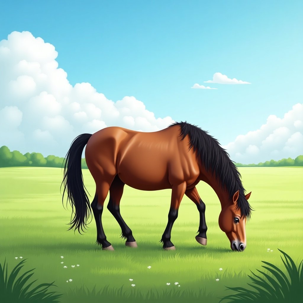 A digital illustration of a brown mare grazing in a lush green field. The scene includes a clear blue sky with white clouds and vibrant grass.