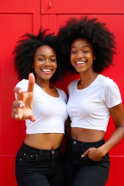 Two women stand against a vibrant red wall. They have natural hairstyles. Both wear matching white crop tops and black pants. One woman extends her hand towards the camera. Both women are smiling warmly.