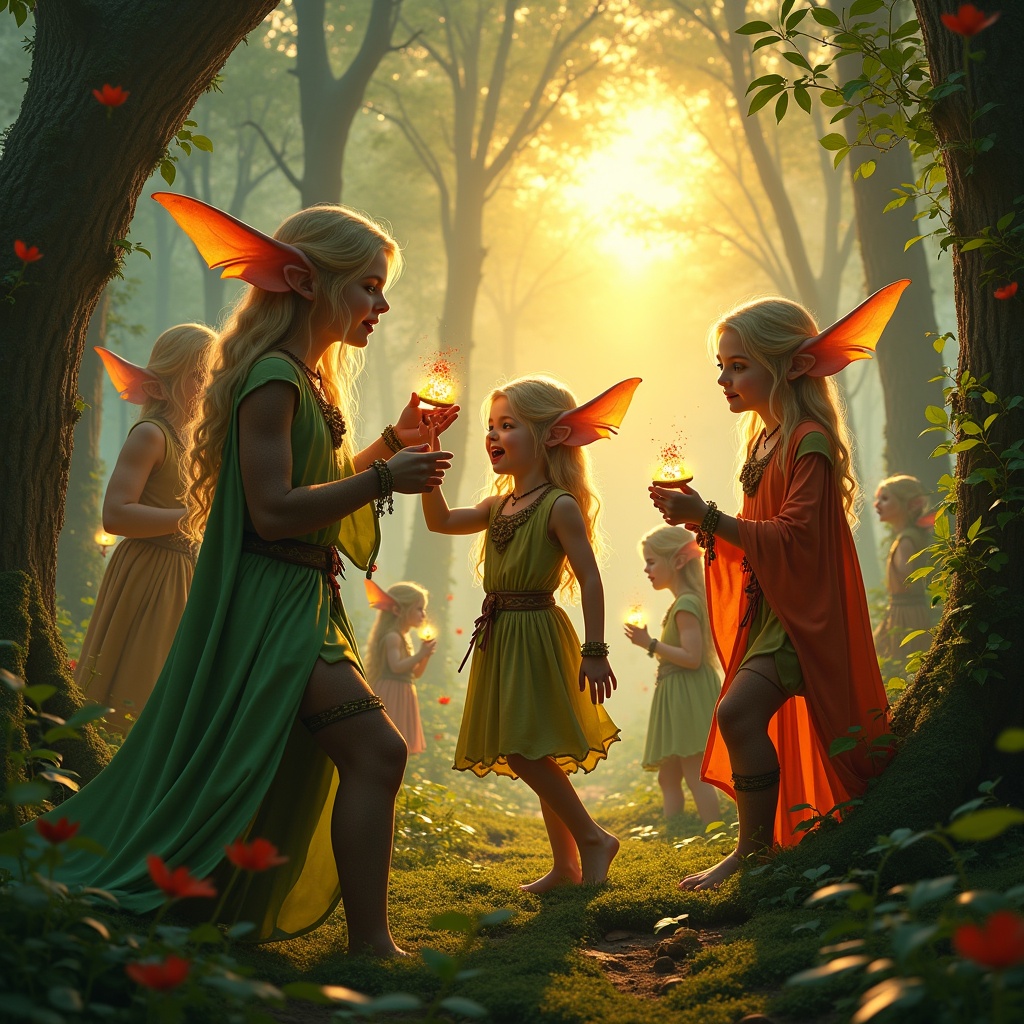 A group of elf children joyfully interacting in a magical forest setting. They have fairy-like wings and wear colorful tunics. Soft light filters through the trees, creating a whimsical atmosphere.