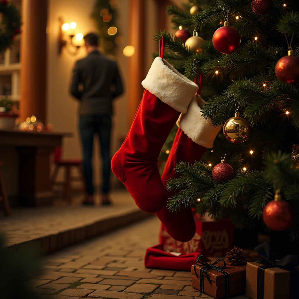 A cozy room decorated with a Christmas tree and stockings, with a person standing by the fireplace.