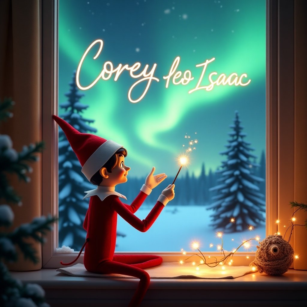 A joyful elf gazes out of a window during a magical winter evening. Outside, a snowy landscape is illuminated by mesmerizing Northern Lights. Warm light from the window creates a cozy atmosphere inside. Pine trees are visible in the background. The elf creates sparkles that form the name Corey leo Isaac in the sky. The elf holds a wand that glows in the magical setting. The scene is decorated with Christmas elements.