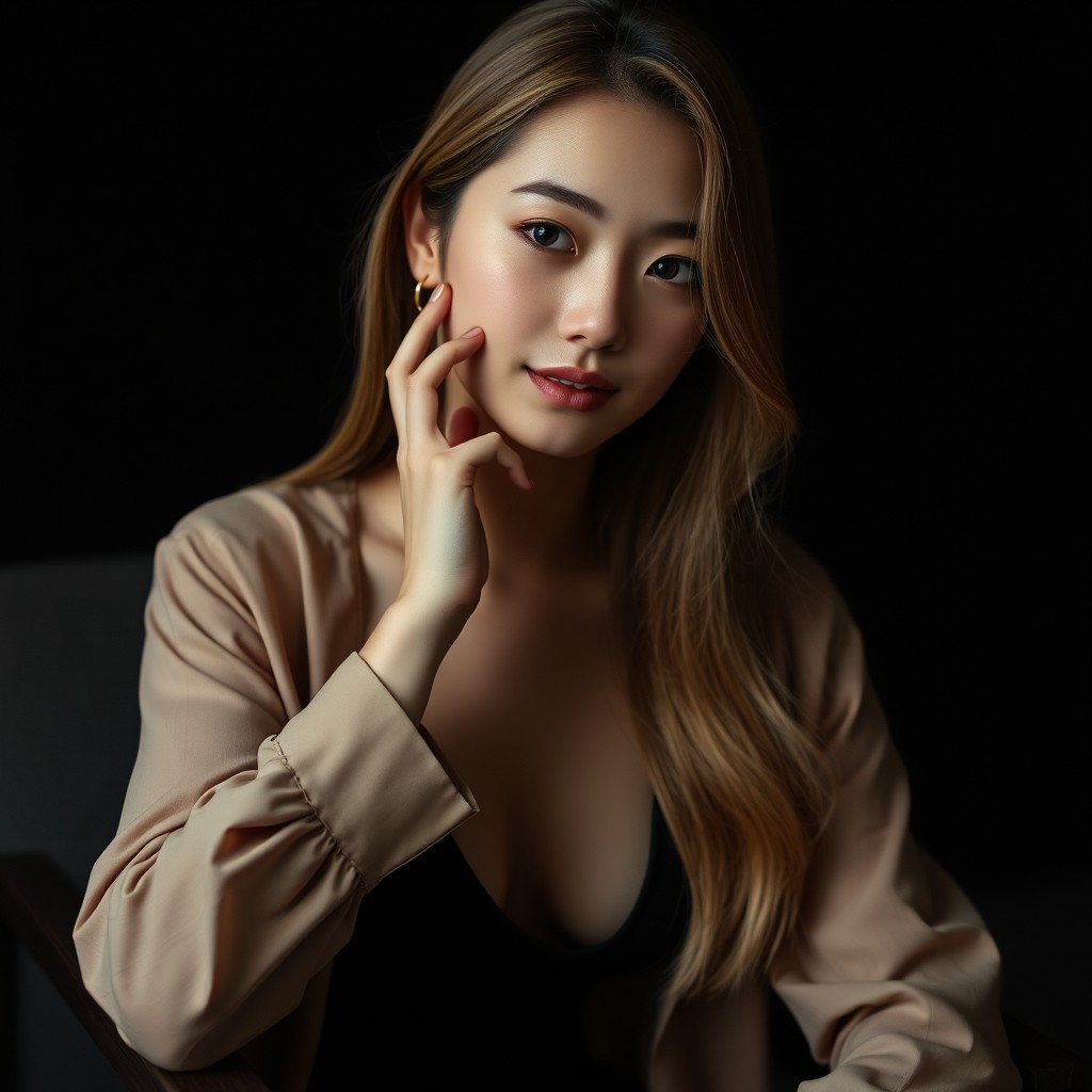 A woman with long hair poses elegantly against a dark background, wearing a light brown jacket.