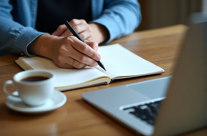 A person writing in a notebook next to a laptop and coffee on a wooden table.