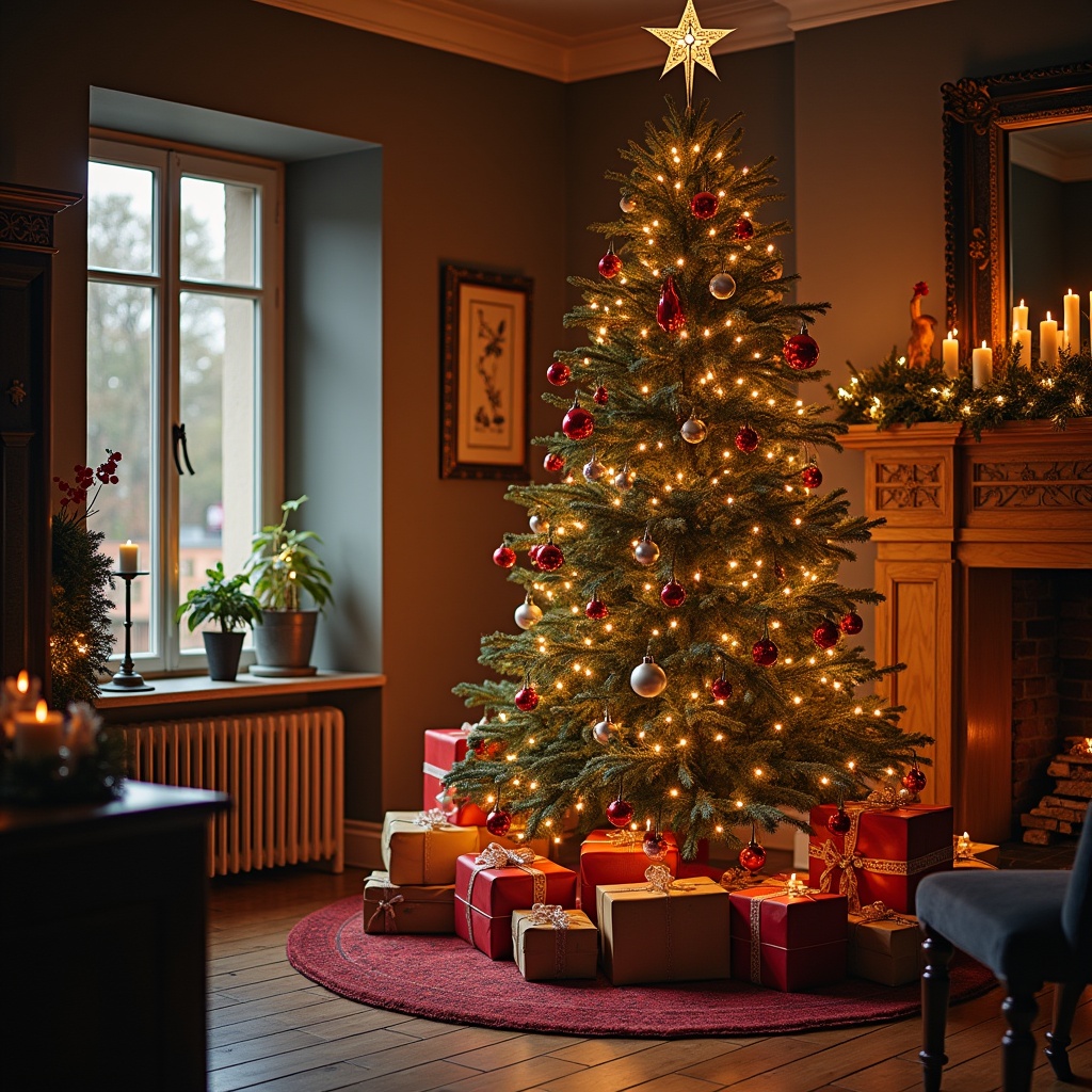 Cozy Christmas scene featuring a decorated Christmas tree with gifts under it. Warm lighting creates a festive atmosphere. A comfortable living room with a fireplace is visible in the background.